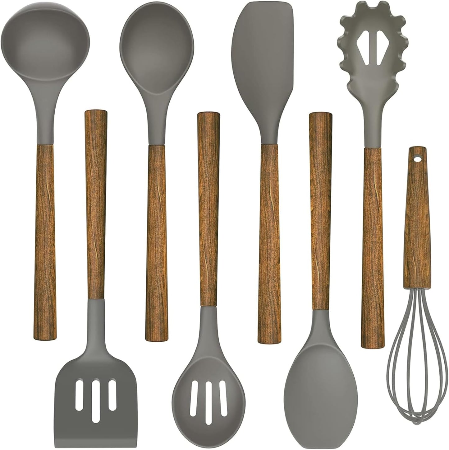 Silicone Cooking Utensil Set, 8-Piece Kitchen Utensils Set with Natural Acacia Wooden Handles,Food-Grade Silicone Heads-Silicone Kitchen Gadgets and Spatula Set for Nonstick Cookware - Grey