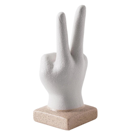 Peace Hand Sign White Ceramic Bohemian Figurine Decor - 6.5" X 2.5" X 2.75"