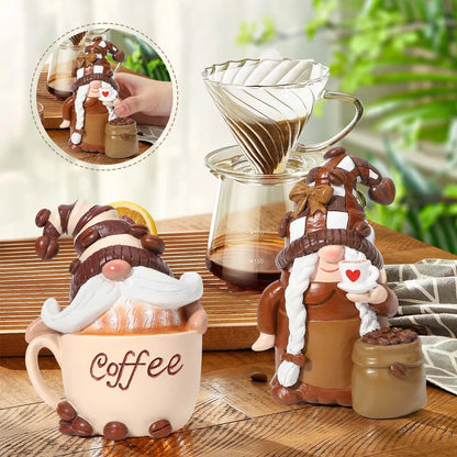 2 Pack Coffee Gnomes, Coffee Bar Decor Accessories, Christmas Resin Gnome Figurines Tiered Tray Collectible Tabletop Kitchen Decorations