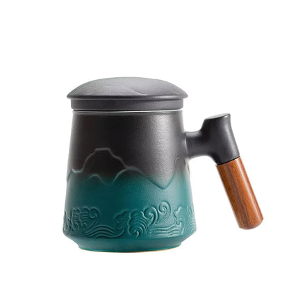 Tea Cup with Infuser and Lid, 13.5Oz Rosewood Handle Embossed Ceramic Tea Mug for Loose Leaf Tea Gifts, Gradient Green.