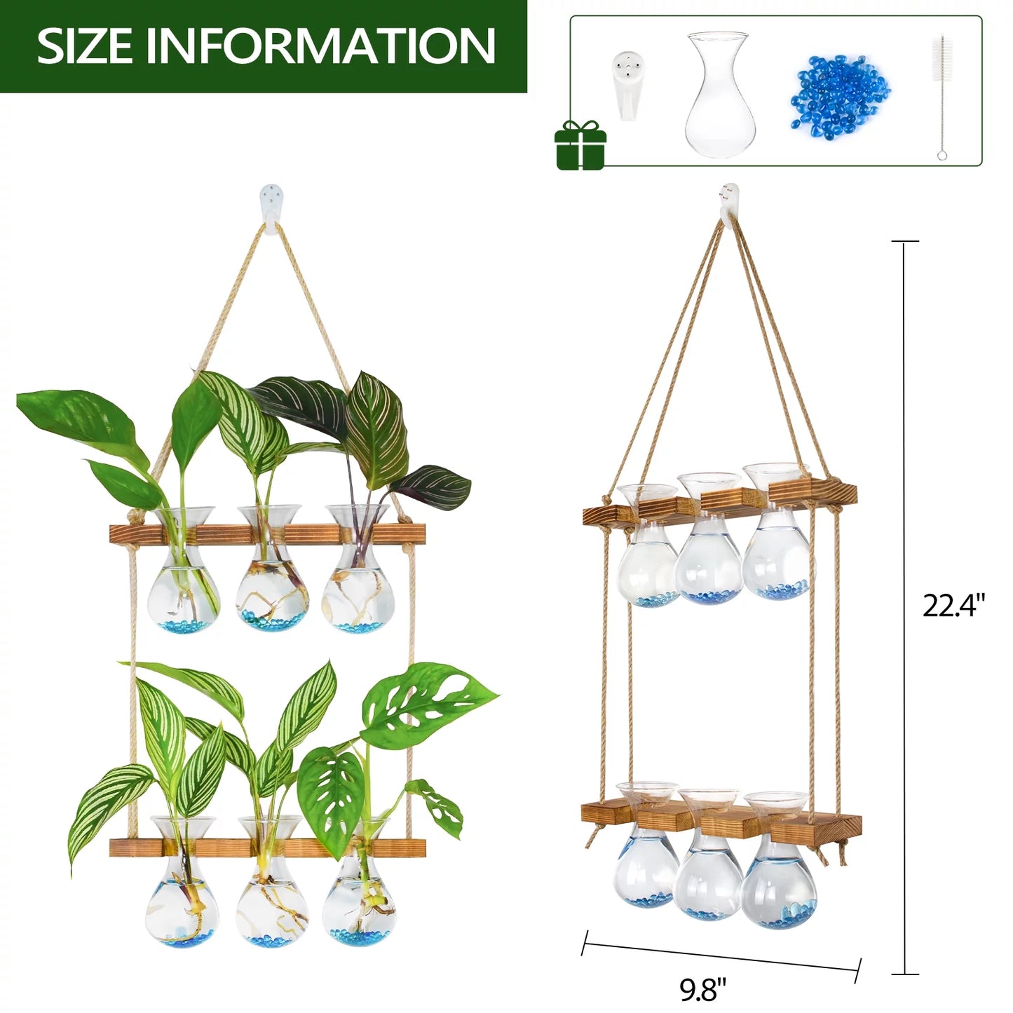 Wall Hanging Propagation Station with Wooden Stand 3 Bulb Vase 2 Tiered Planters Wall Terrarium for Home Office Plant Hanger Flower Vases Wall Decor