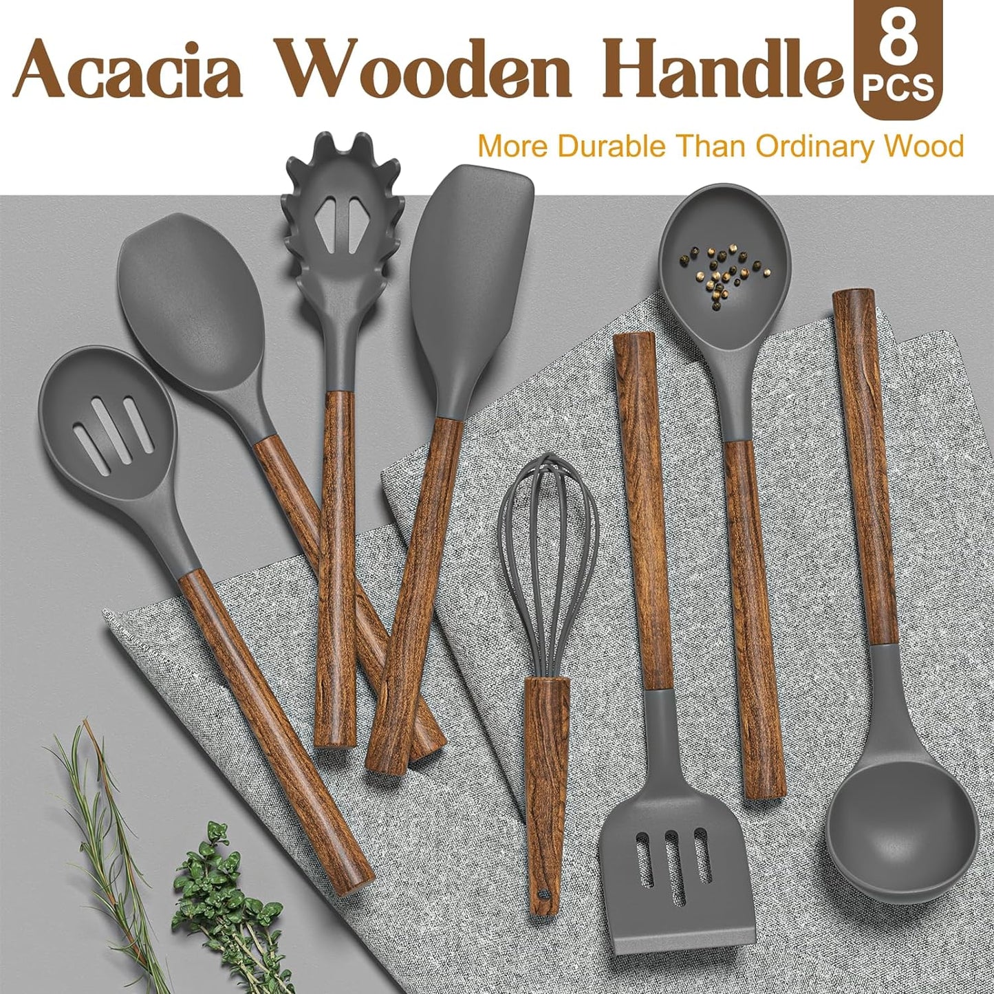 Silicone Cooking Utensil Set, 8-Piece Kitchen Utensils Set with Natural Acacia Wooden Handles,Food-Grade Silicone Heads-Silicone Kitchen Gadgets and Spatula Set for Nonstick Cookware - Grey