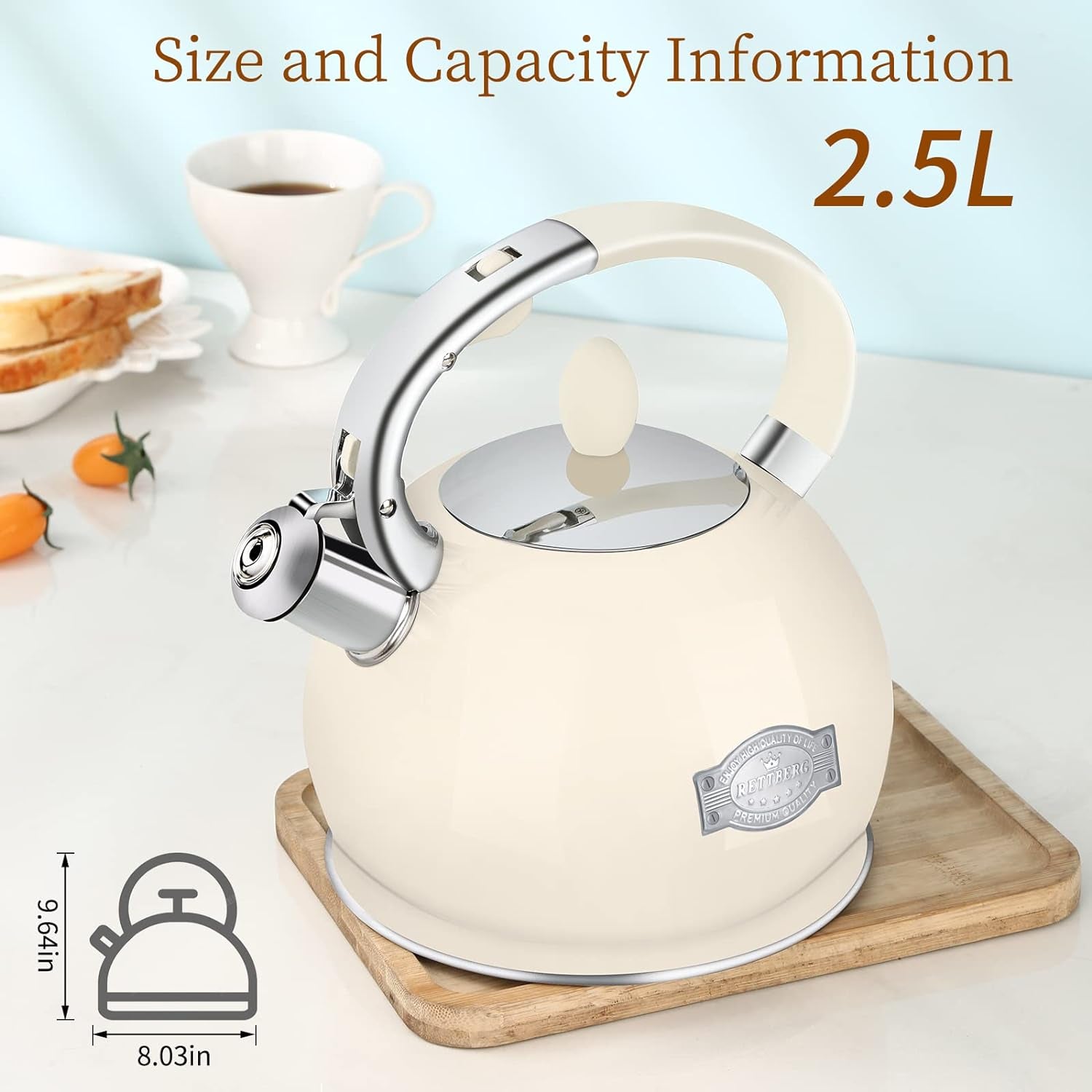 Tea Kettle for Stovetop Whistling Tea Kettles Retro Black Stainless Steel Teapots, 2.64 Quart (Cream)