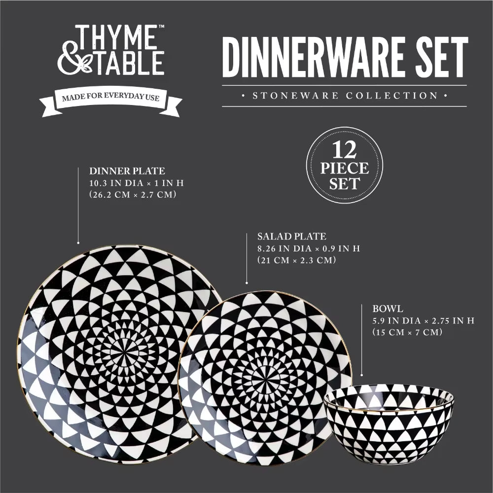 Dinnerware Black & White Medallion Stoneware, 12 Piece Set Dinner Dish Chinese Ceramic Tableware