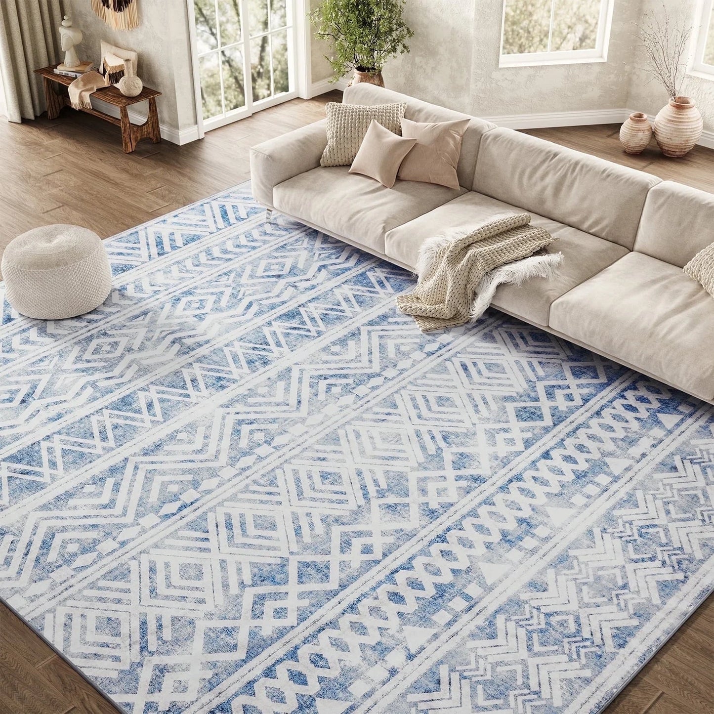 9'X12' Area Rugs for Living Room Washable Rugs Boho Large Area Rug Modern Geometric Neutral Living Room Rug Carpet Soft Rugs for Bedroom Dining Room Office Home Decor Blue