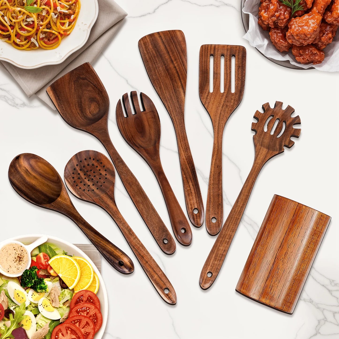 Wooden Spoons for Cooking, 8 PCS Non-Stick Wooden Utensils, Teak Wood Cooking Utensil Set, Wood Spoon Set for Kitchen Essentials, Sturdy, Heat Resistant