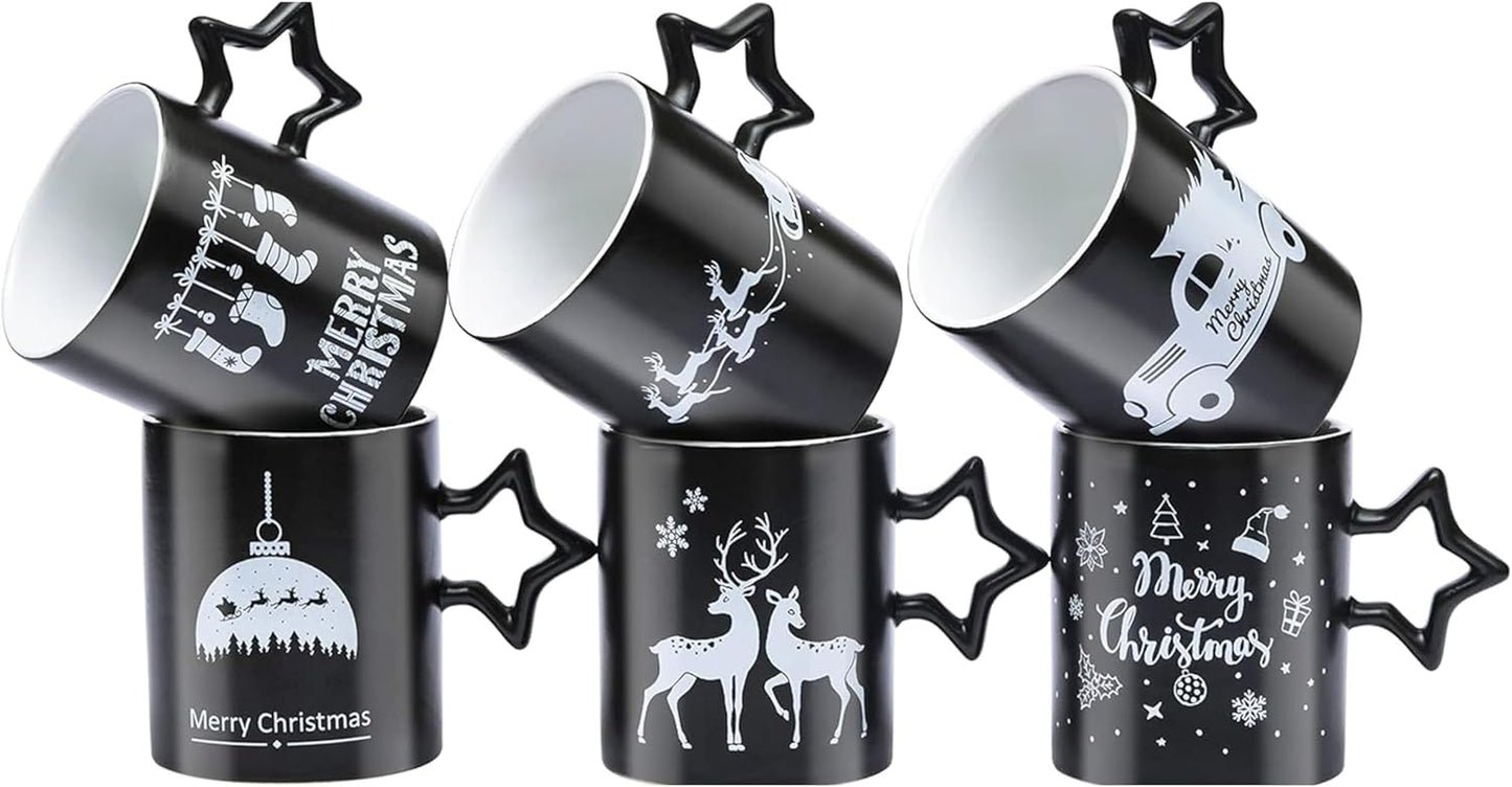 Black Coffee Mugs with Star Handle Set of 6 | Large-Sized Mugs 14 Ounce New Year Holidays Novelty Cups - Decorative DIY Mugs| Hot Chocolate Gift Sets