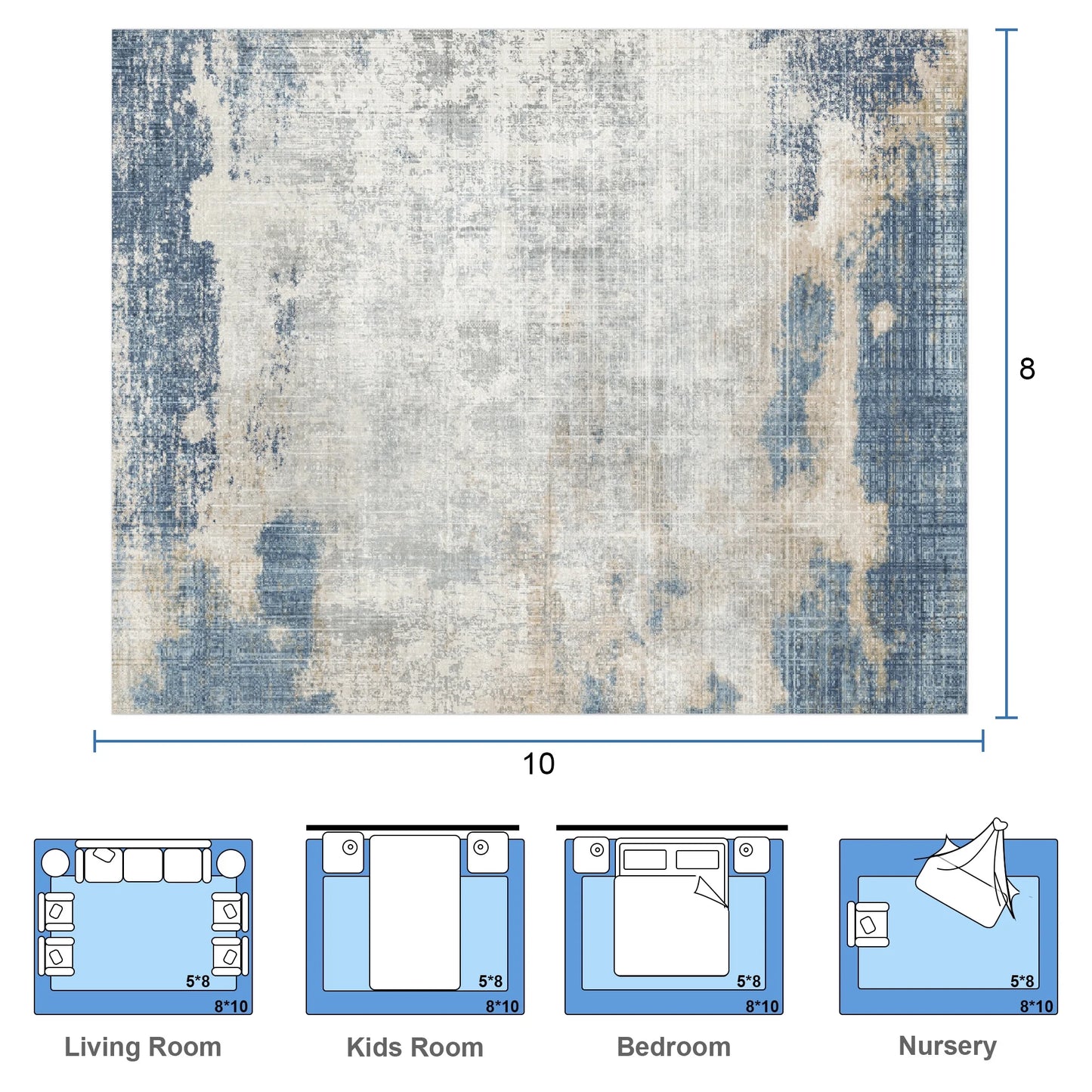 8' X 10' Area Rugs, Washable Area Rugs for Living Room Bedroom Home Decor, Non-Slip Carpet, Modern Abstract, Blue & Beige