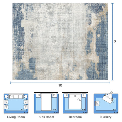 8' X 10' Area Rugs, Washable Area Rugs for Living Room Bedroom Home Decor, Non-Slip Carpet, Modern Abstract, Blue & Beige