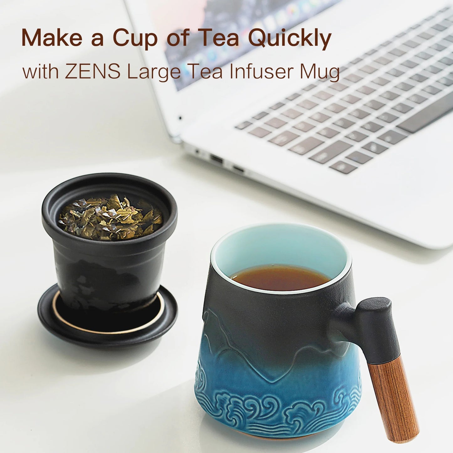 Tea Cup with Infuser and Lid, 15.2 OZ Wood Handle Loose Leaf Tea Steeper Mug, Gradient Embossed Ceramic Strainer Mug.