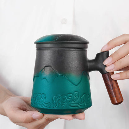 Tea Cup with Infuser and Lid, 13.5Oz Rosewood Handle Embossed Ceramic Tea Mug for Loose Leaf Tea Gifts, Gradient Green.