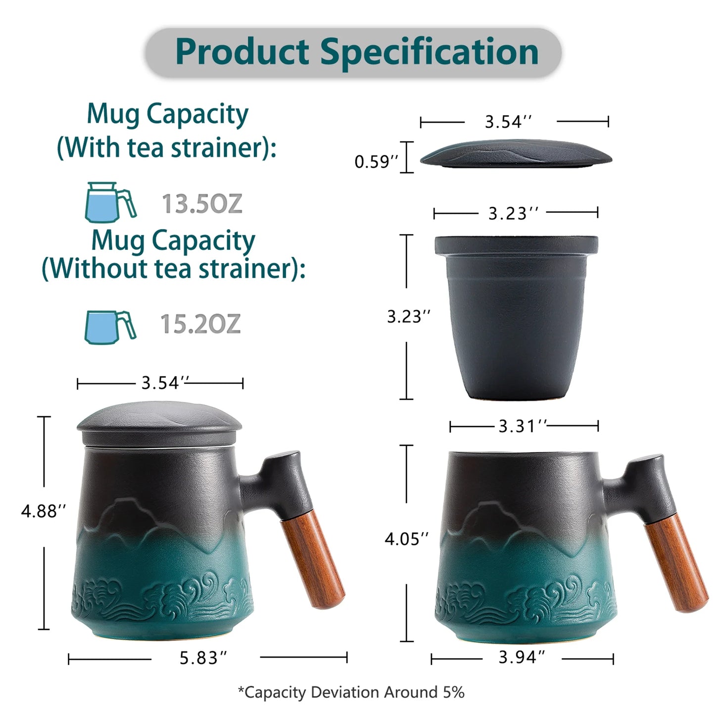 Tea Cup with Infuser and Lid, 13.5Oz Rosewood Handle Embossed Ceramic Tea Mug for Loose Leaf Tea Gifts, Gradient Green.