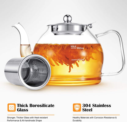 STNTUS Glass Teapot, 40 Oz. / 1200 Ml for Loose Tea, Glass Teapot with Infusers for Loose Tea, Tea Pot for Stove, Teapot with Stainless Steel Strainer, Teapot for 4-6 Cups