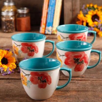 Vintage Bloom Turquoise Cermaic 4-Piece 16-Ounce Coffee Mug Set