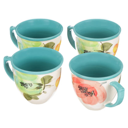 Vintage Bloom Turquoise Cermaic 4-Piece 16-Ounce Coffee Mug Set