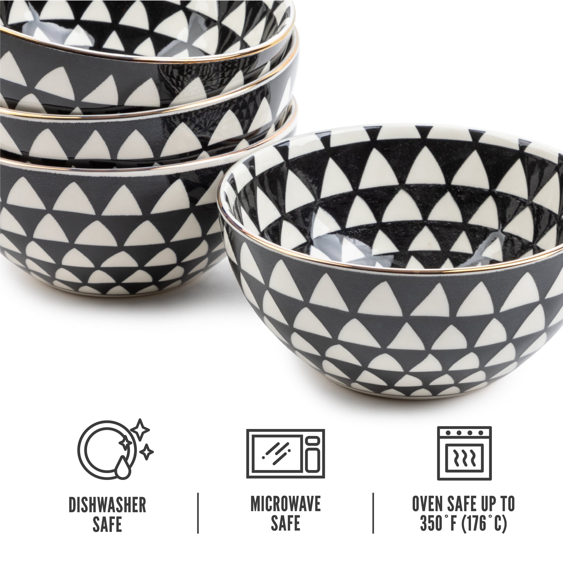 Dinnerware Black & White Medallion Stoneware round Bowls, 4 Pack