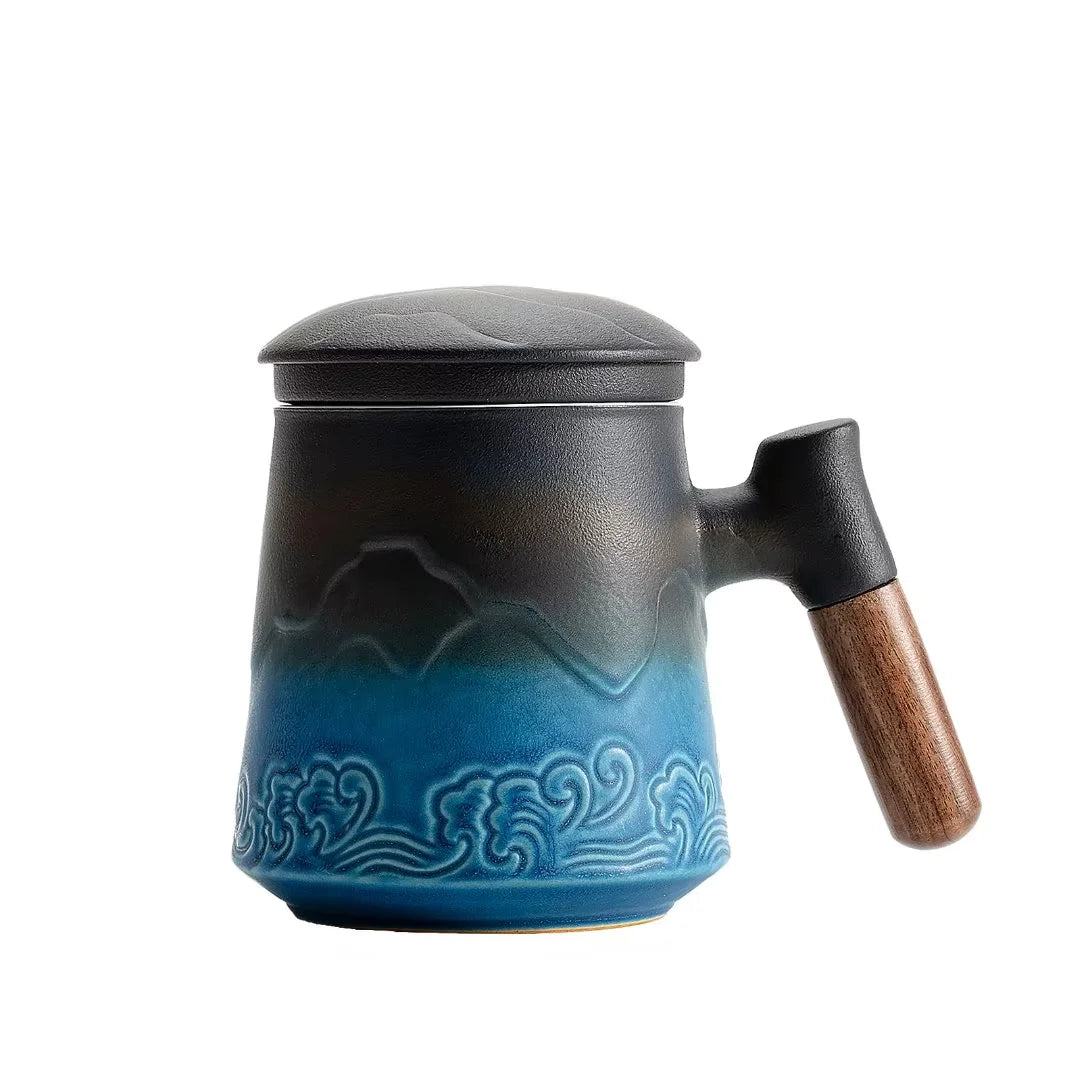 Tea Cup with Infuser and Lid, 15.2 OZ Wood Handle Loose Leaf Tea Steeper Mug, Gradient Embossed Ceramic Strainer Mug.