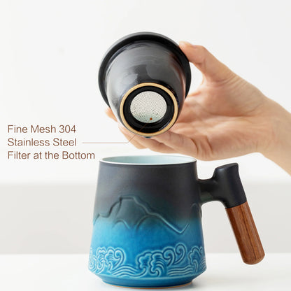 Tea Cup with Infuser and Lid, 15.2 OZ Wood Handle Loose Leaf Tea Steeper Mug, Gradient Embossed Ceramic Strainer Mug.