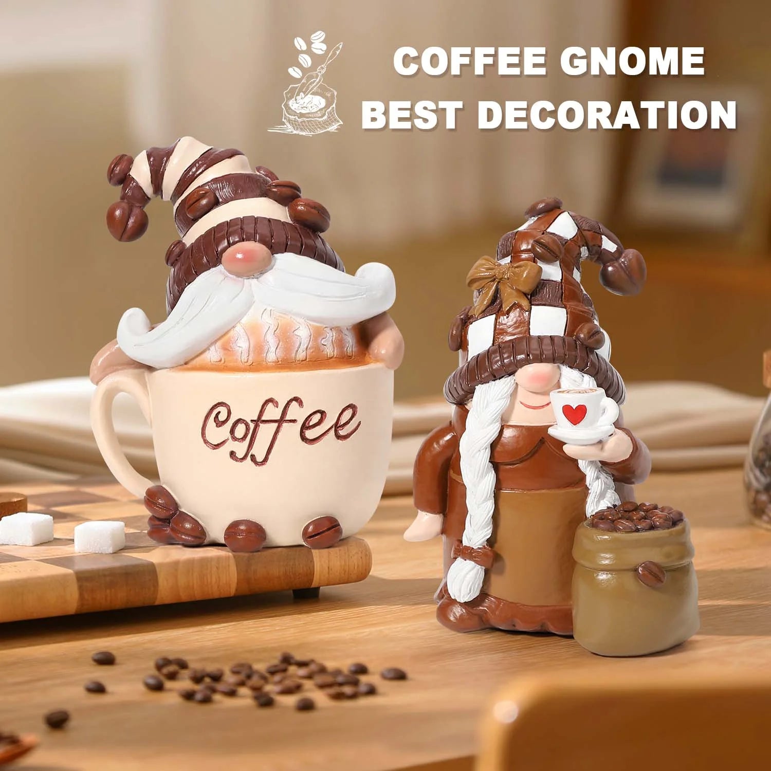 2 Pack Coffee Gnomes, Coffee Bar Decor Accessories, Christmas Resin Gnome Figurines Tiered Tray Collectible Tabletop Kitchen Decorations