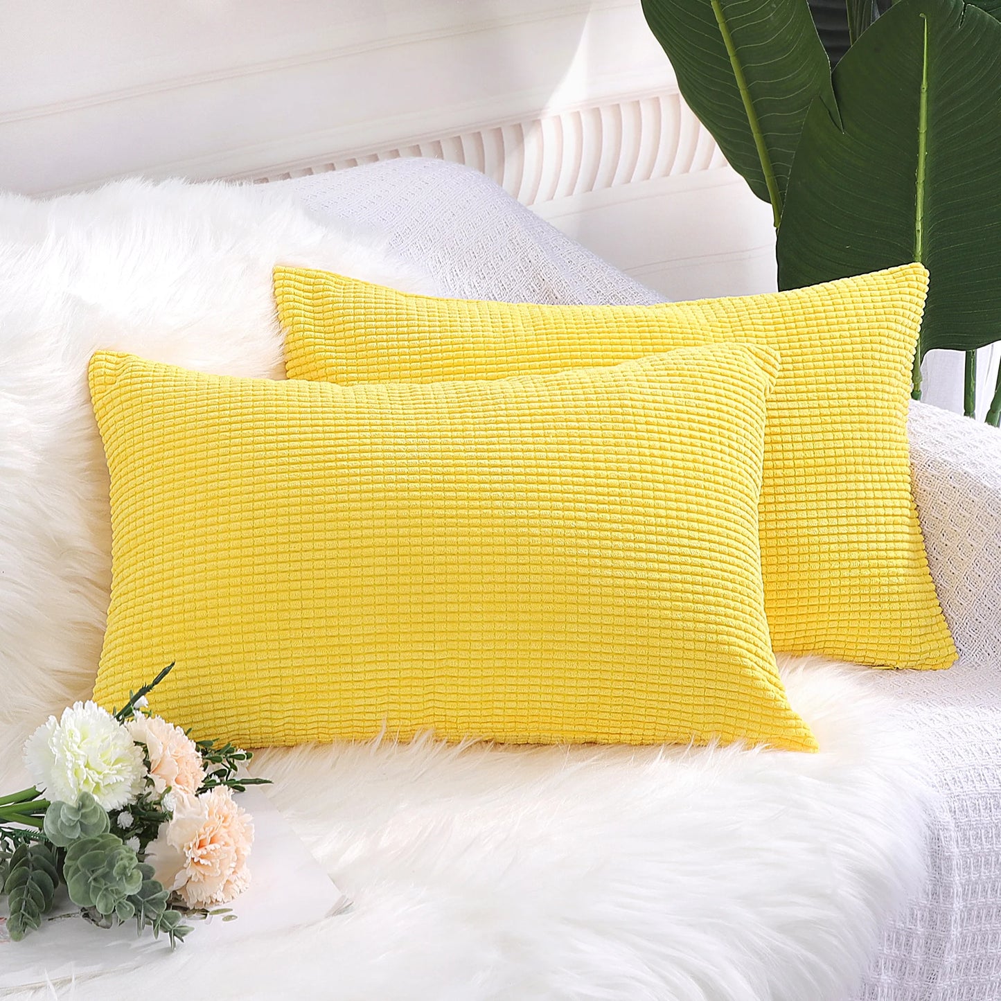 2 Piece Throw Pillow Cases Corn Striped Cushion Covers, Dark Yellow 12" X 18"