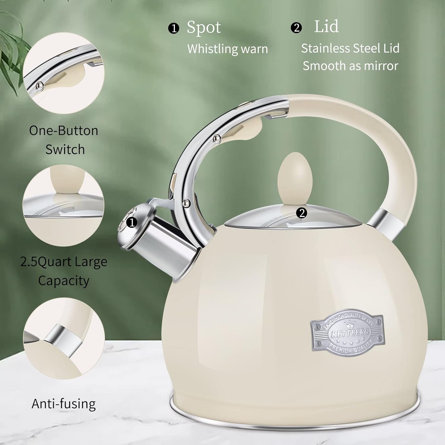 Tea Kettle for Stovetop Whistling Tea Kettles Retro Black Stainless Steel Teapots, 2.64 Quart (Cream)