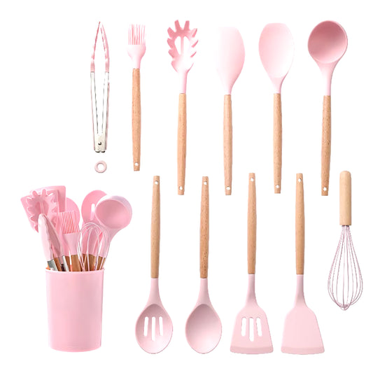 Silicone Kitchenware Cooking Utensils Set Non-Stick Cookware Spatula Shovel Egg Beaters Wooden Handle Kitchen Cooking Tool Set