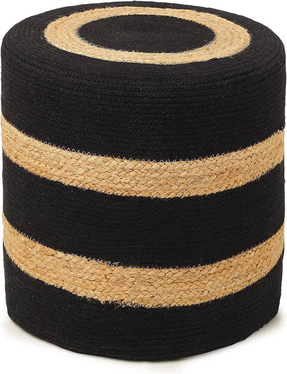 · Cylindrical Pouf Foot Stool Ottoman - Jute Braided Pouffe Poof Accent Sitting Footrest for the Living Room, Bedroom, Nursery, Patio, Lounge & Other Rooms (14.5”X14.5”X16”; Black Natural)