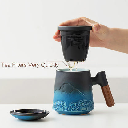 Tea Cup with Infuser and Lid, 15.2 OZ Wood Handle Loose Leaf Tea Steeper Mug, Gradient Embossed Ceramic Strainer Mug.