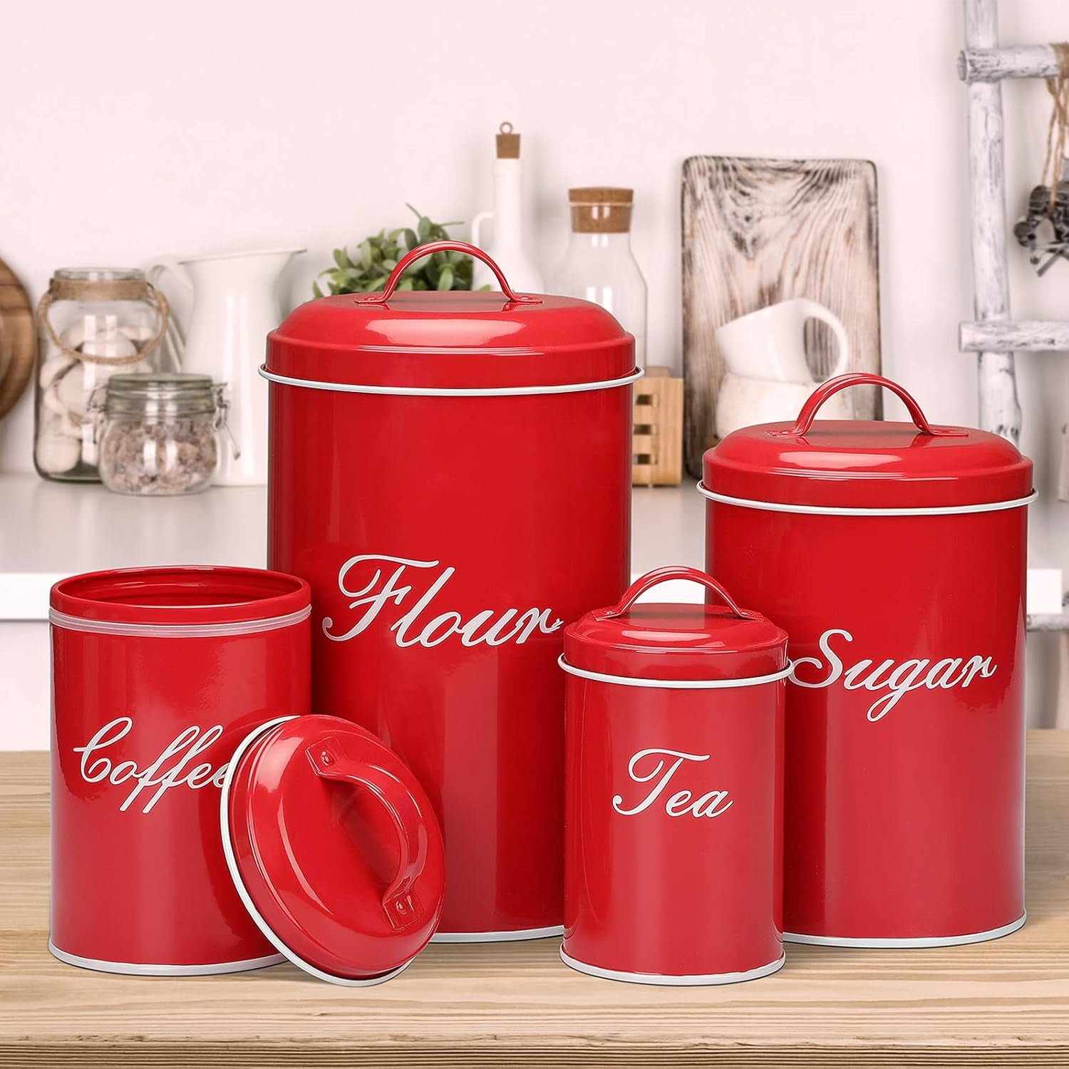 Canister Sets for Kitchen Counter, Flour and Coffee Containers, Vintage Farmhouse Design Food Storage Container with a Removable Lid, 4 Pack (Red)