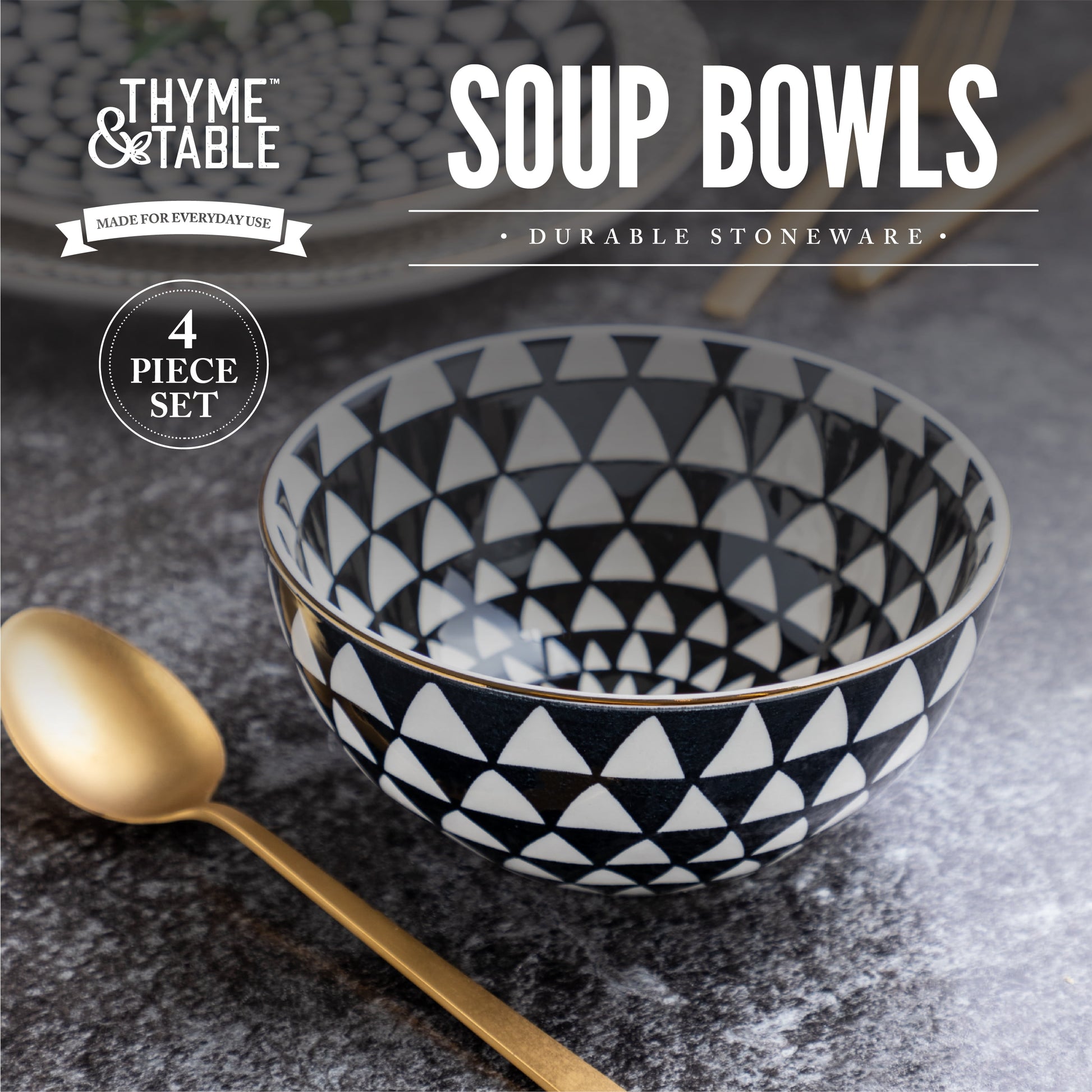 Dinnerware Black & White Medallion Stoneware round Bowls, 4 Pack