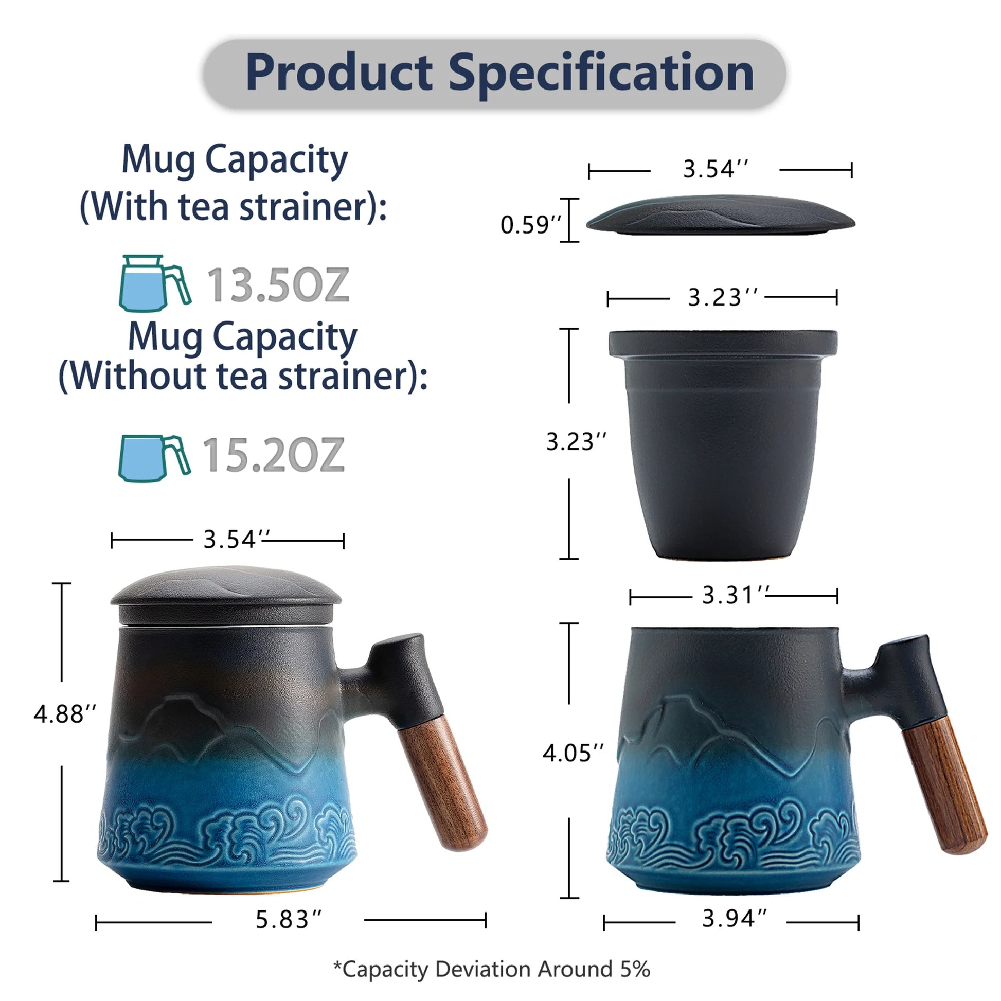 Tea Cup with Infuser and Lid, 15.2 OZ Wood Handle Loose Leaf Tea Steeper Mug, Gradient Embossed Ceramic Strainer Mug.