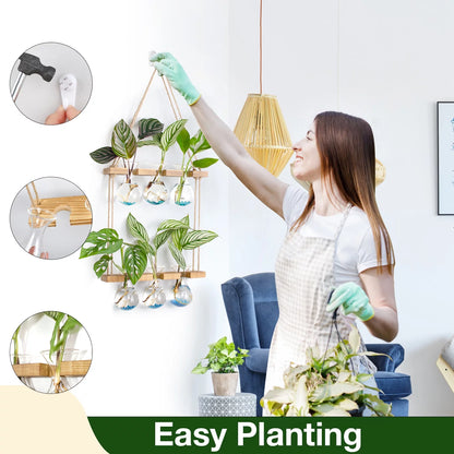 Wall Hanging Propagation Station with Wooden Stand 3 Bulb Vase 2 Tiered Planters Wall Terrarium for Home Office Plant Hanger Flower Vases Wall Decor