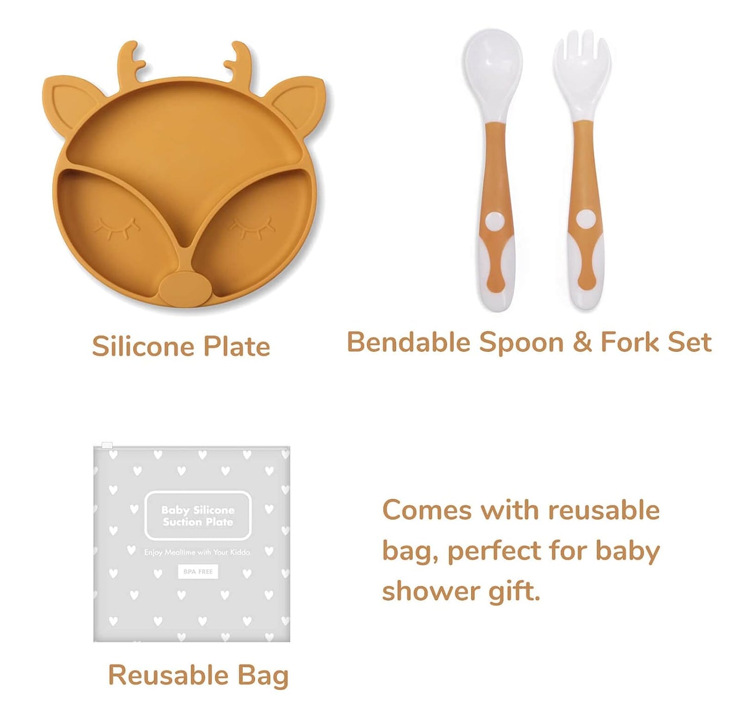 Suction Plates for Baby, Silicone Plates with Suction for Baby Divided, Baby Spoon Fork Set for Toddler Baby Dishes Kids Plates and Utensils-Deer Yellow