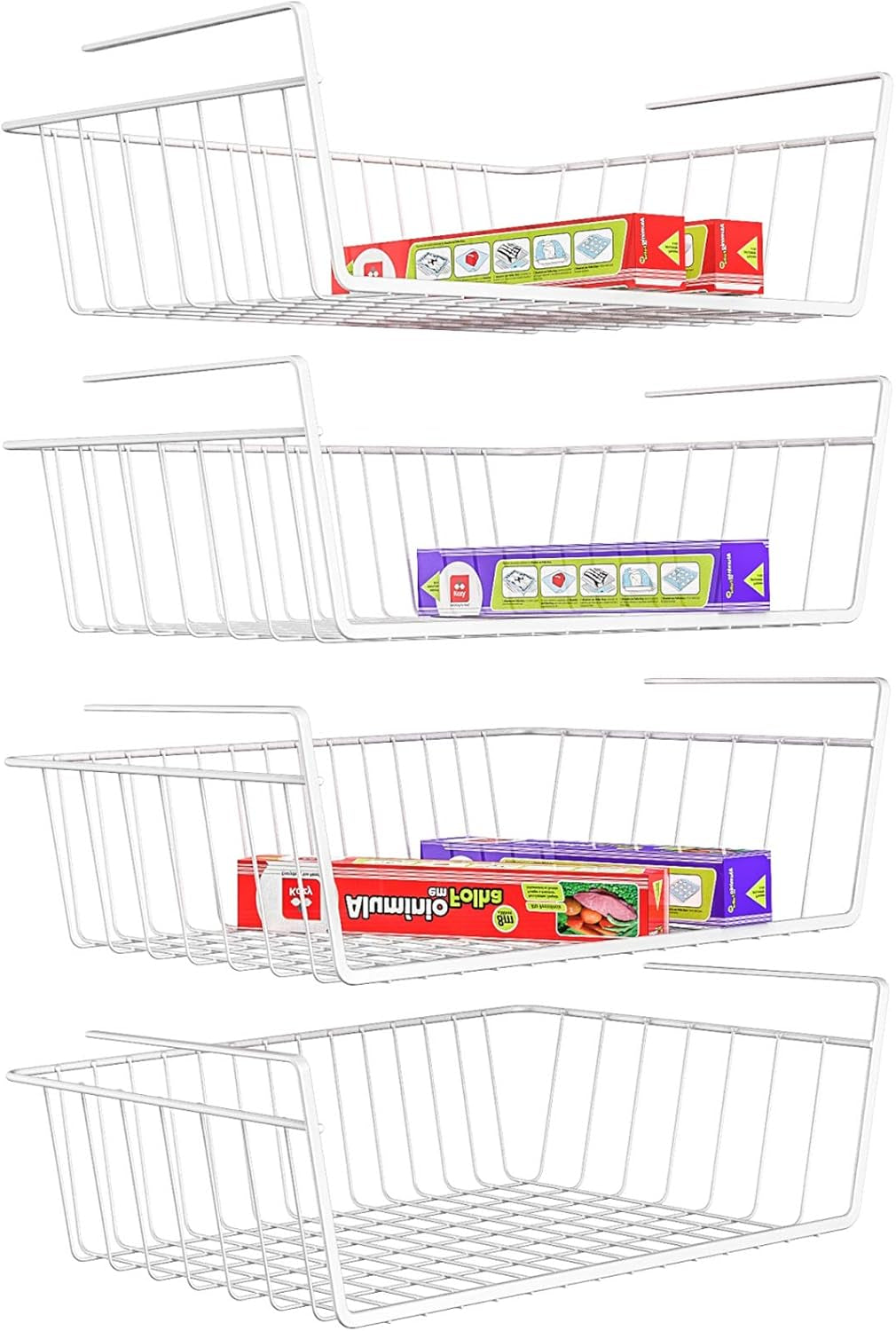 under Shelf Basket, 4 Pack White Wire Rack, Wire Basket under Shelf for Storage, Easy to Install