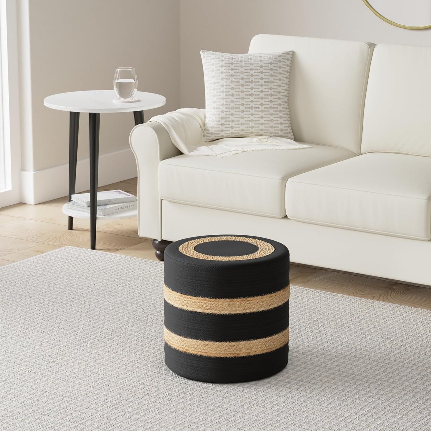 · Cylindrical Pouf Foot Stool Ottoman - Jute Braided Pouffe Poof Accent Sitting Footrest for the Living Room, Bedroom, Nursery, Patio, Lounge & Other Rooms (14.5”X14.5”X16”; Black Natural)