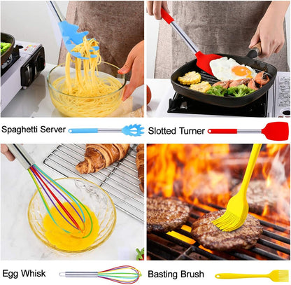 Silicone Cooking Utensils Set, 31Pcs Kitchen Utensils Set, Heat Resistant Non-Stick Silicone Spatula Set with Stainless Steel Handle Bpa-Free Kitchen Cooking Tools Set - Colorful