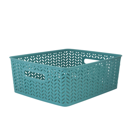 Resin Herringbone Storage Bin Tote in Blue