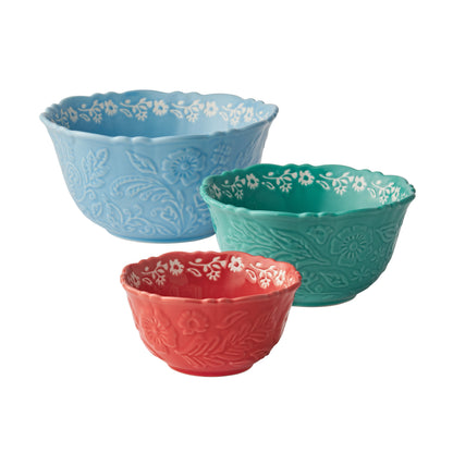 3Pc Embossed Stoneware Serve Bowl Set