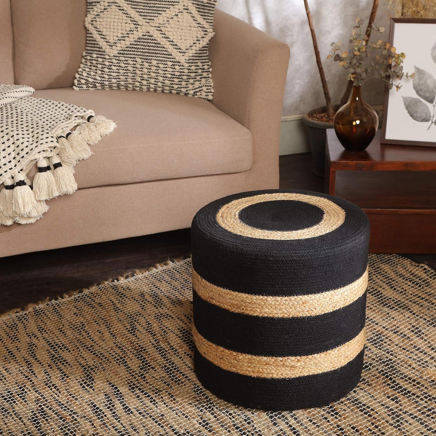 · Cylindrical Pouf Foot Stool Ottoman - Jute Braided Pouffe Poof Accent Sitting Footrest for the Living Room, Bedroom, Nursery, Patio, Lounge & Other Rooms (14.5”X14.5”X16”; Black Natural)