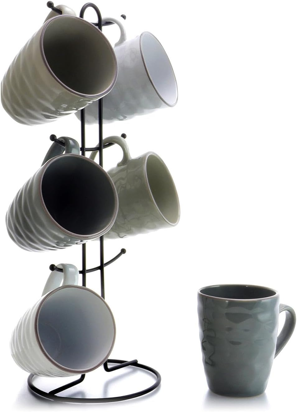 Wave Series Mug Set, 7 Piece, Assorted Grey 2, 12 Ounces