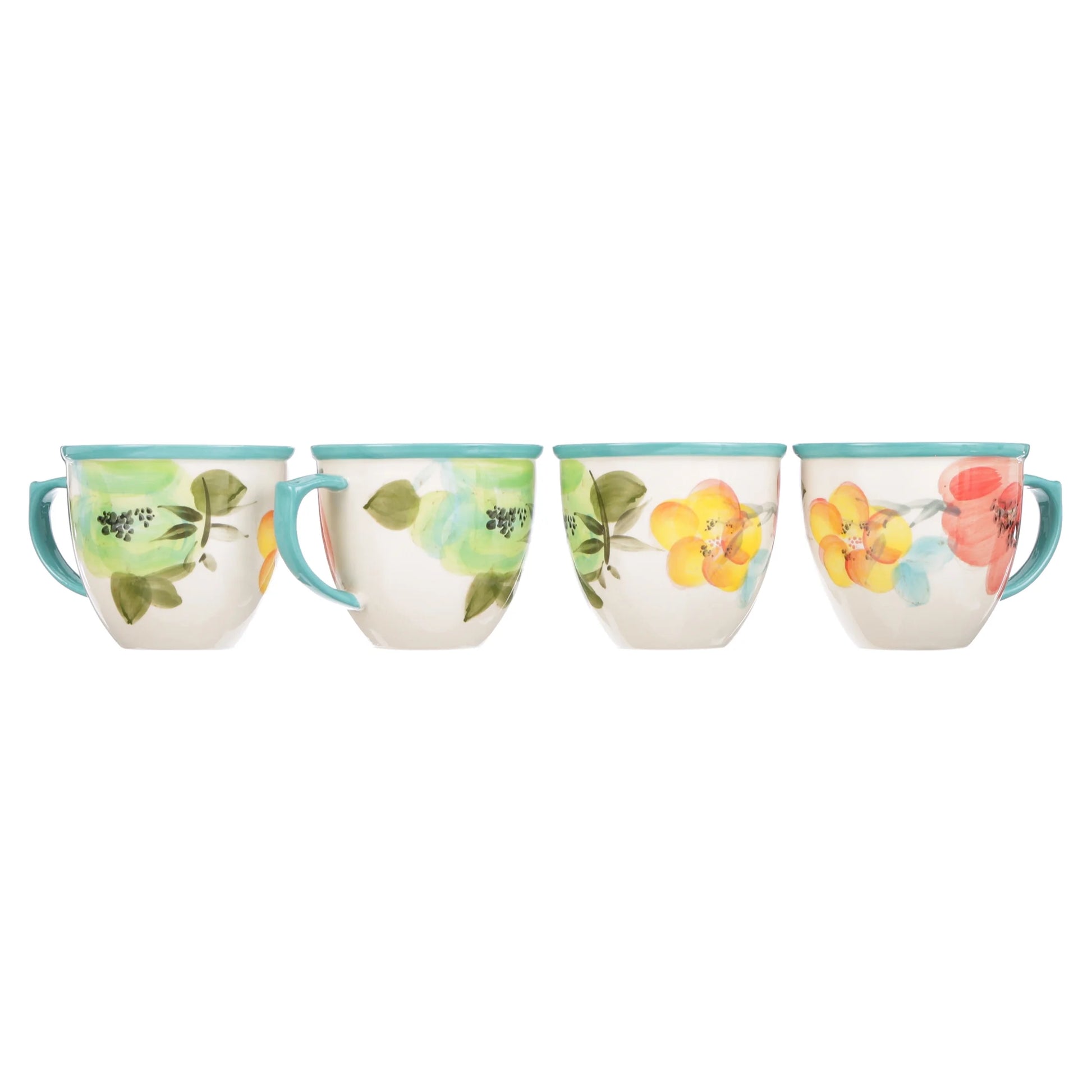 Vintage Bloom Turquoise Cermaic 4-Piece 16-Ounce Coffee Mug Set