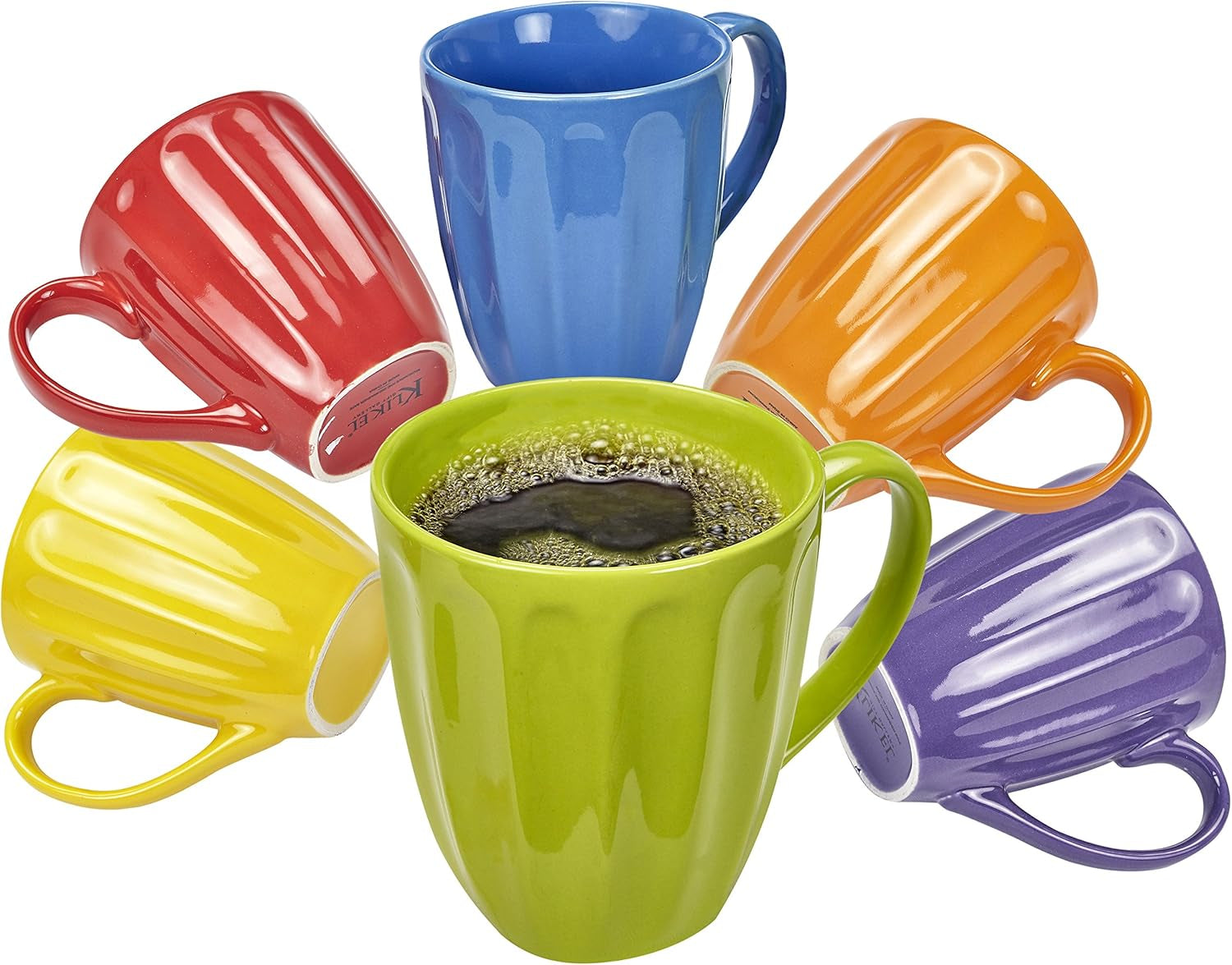 Coffee Mugs Set of 6 - Fluted Ceramic Mug - Hot Tea and Coffee Cup - Solid Bright Colors - Dishwasher and Microwave Safe Dinnerware