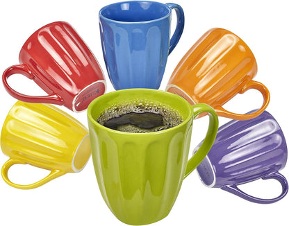 Coffee Mugs Set of 6 - Fluted Ceramic Mug - Hot Tea and Coffee Cup - Solid Bright Colors - Dishwasher and Microwave Safe Dinnerware