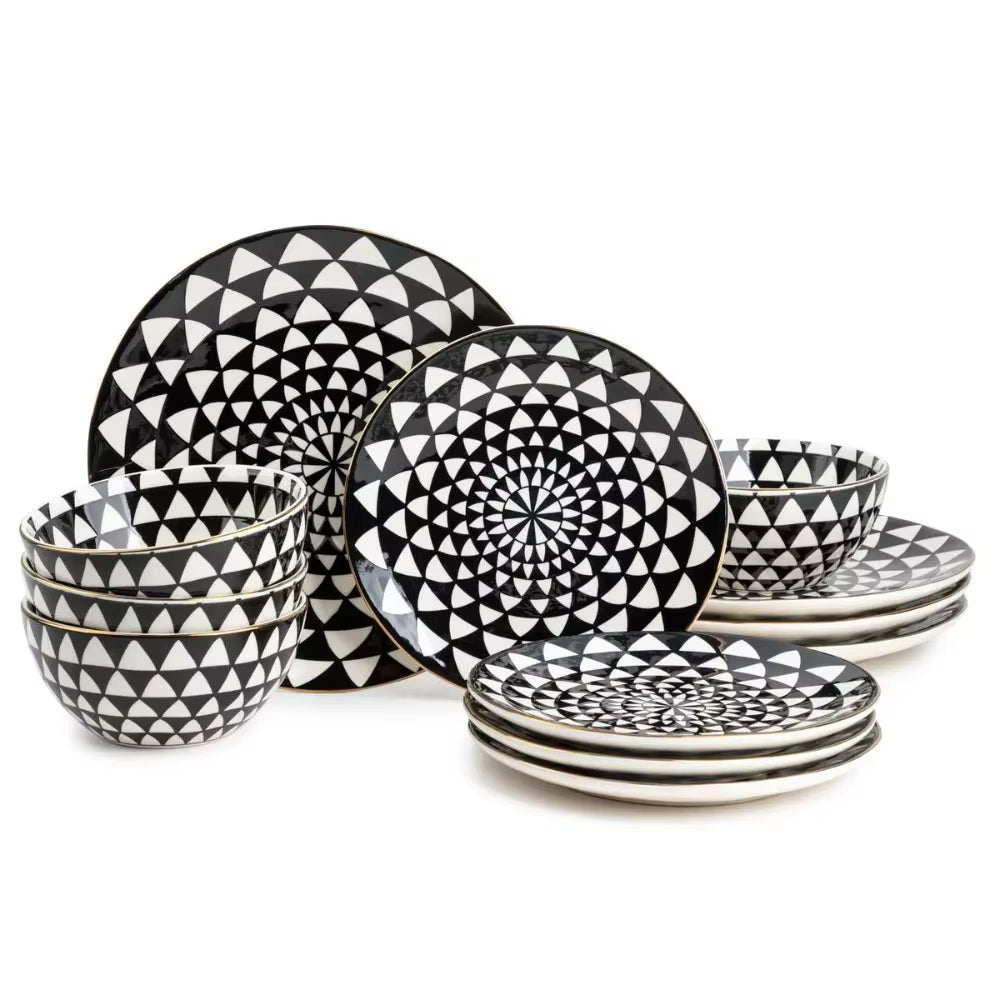 Dinnerware Black & White Medallion Stoneware, 12 Piece Set Dinner Dish Chinese Ceramic Tableware