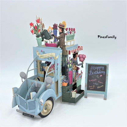 F01-3D Pop up Flower Cart Greeting Card! Valentine'S Day, Mother'S Day, Birthday