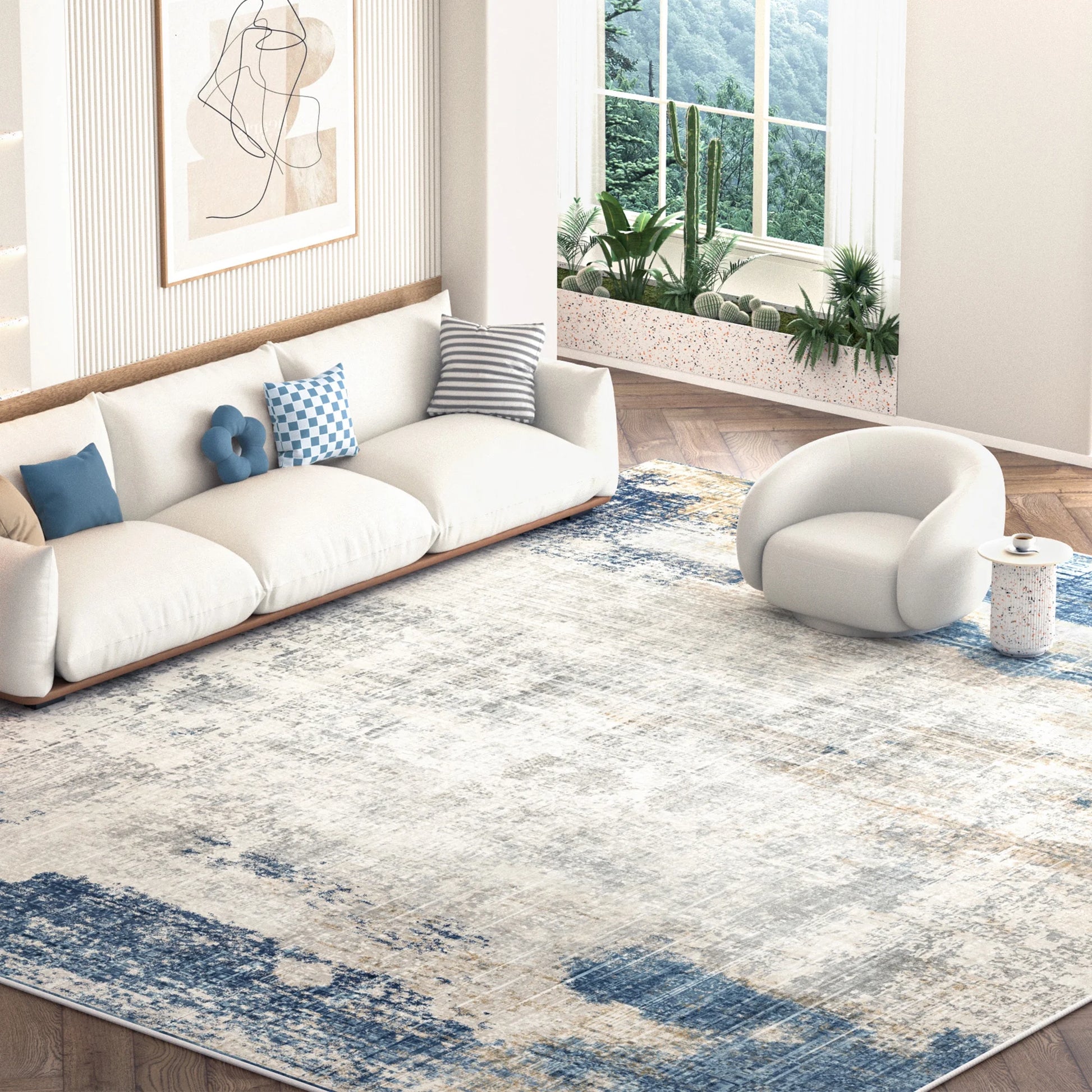 8' X 10' Area Rugs, Washable Area Rugs for Living Room Bedroom Home Decor, Non-Slip Carpet, Modern Abstract, Blue & Beige