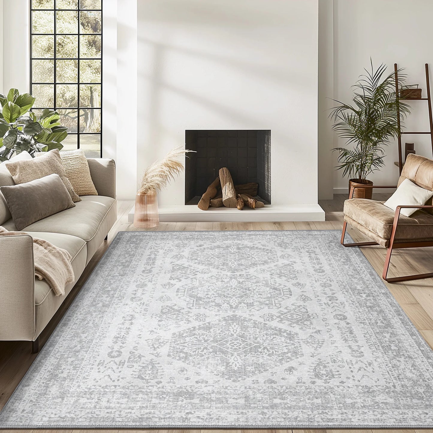 Area Rugs for Living Room 3X5 Machine Washable Bedroom Rugs Distressed Vintage Print Gray Large Throw Rug Dining Room Aesthetic, Non Slip Carpet with Gripper