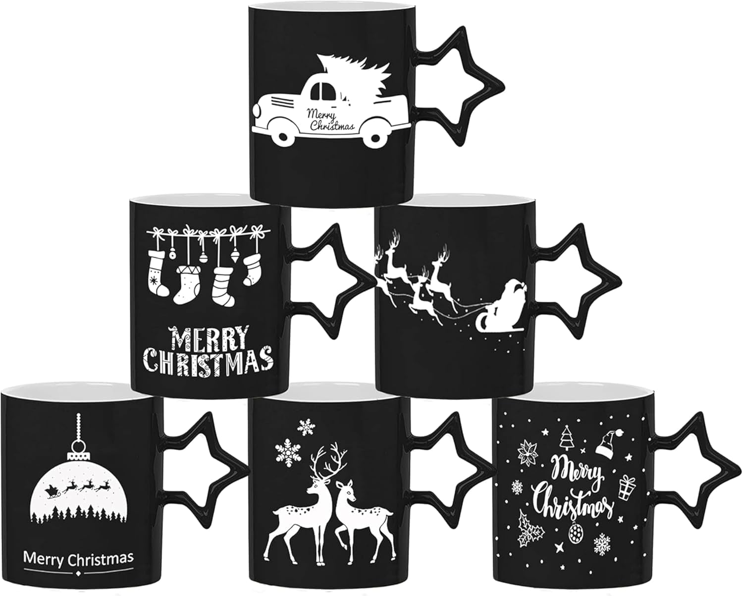 Black Coffee Mugs with Star Handle Set of 6 | Large-Sized Mugs 14 Ounce New Year Holidays Novelty Cups - Decorative DIY Mugs| Hot Chocolate Gift Sets