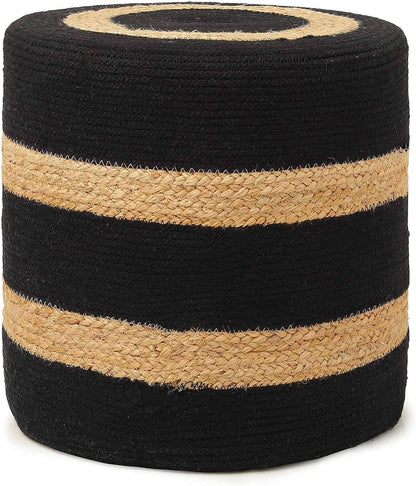 · Cylindrical Pouf Foot Stool Ottoman - Jute Braided Pouffe Poof Accent Sitting Footrest for the Living Room, Bedroom, Nursery, Patio, Lounge & Other Rooms (14.5”X14.5”X16”; Black Natural)