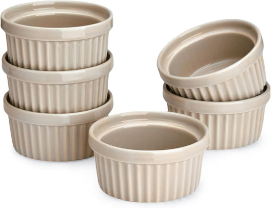 4 Oz Ramekins Set of 6, Creme Brulee Ramekins Oven Safe, Porcelain Ramiken Set, Souffle, Custard Cups for Baking and Dipping Sauces Bowls, Beige Gray